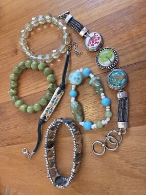 6pc Earthy Artisan & Nature Bracelet Stack | Olive, Teal & Glass Charm Bundle